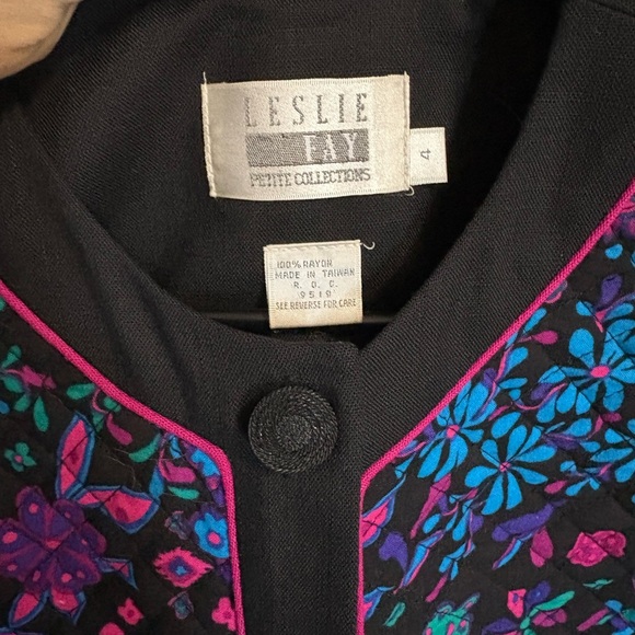 Leslie Fay Women's Vintage Quilted Neon Floral Cardigan Artsy Eclectic Blue Pink - Picture 2 of 3